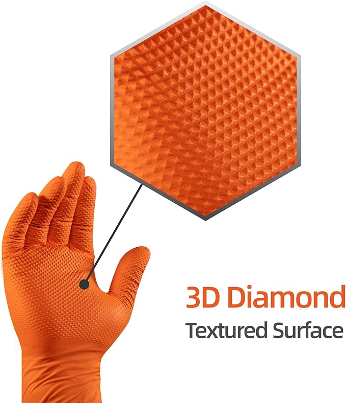 10 Mil Nitrile Disposable Gloves Heavy Duty Mechanic Gloves Raised Diamond Texture Thick (Orange of 1000,Medium)