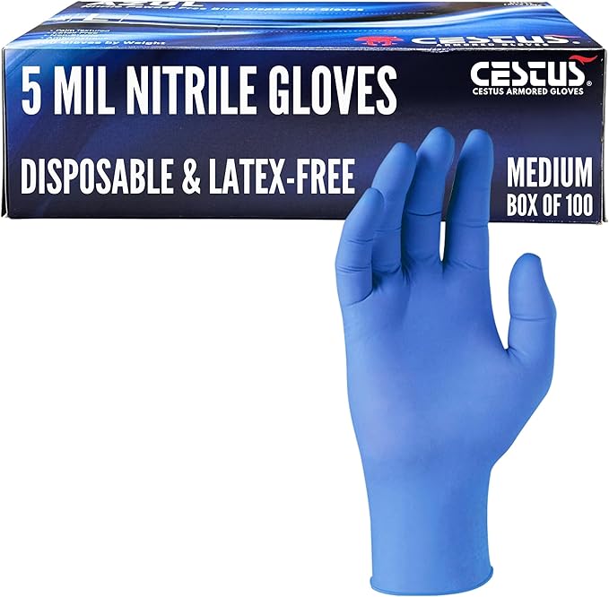 Cestus 5 Mil Nitrile Gloves Disposable Latex Free, Chemical Resistant, Mechanic, Food Prep, Tattoo, Cleaning, Bulk