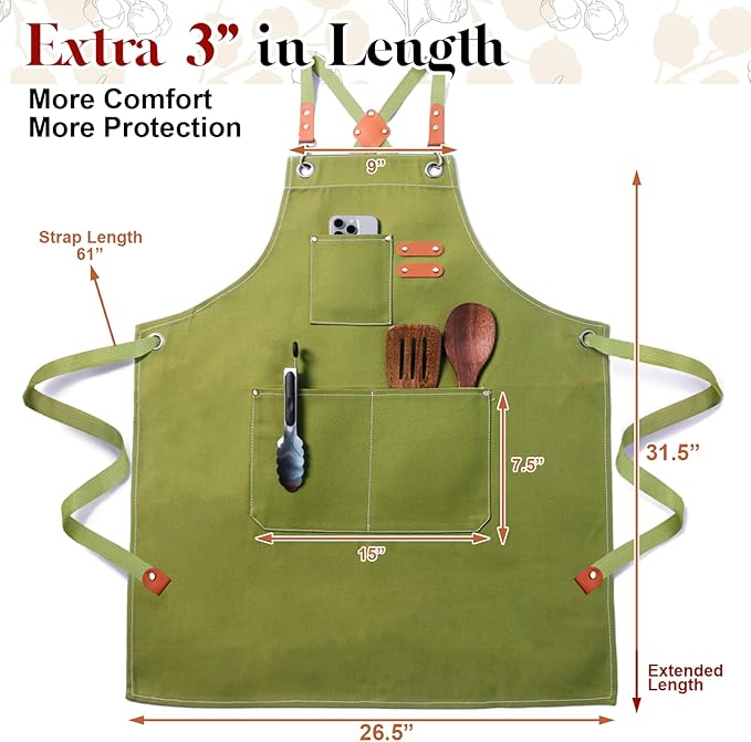 Chef Apron for Men Women with Pockets,Cross Back Cotton Canvas Plus Size Apron for Cooking BBQ Baking Gardening