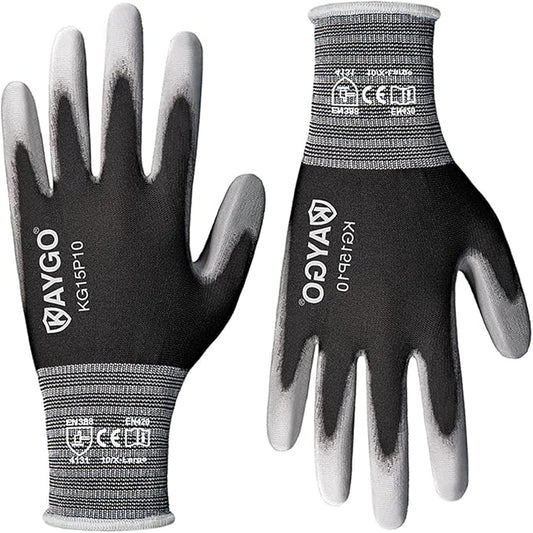 KAYGO Work Gloves PU Coated 12 Pairs, KG15P,Nylon Liner with Flexible Polyurethane Coating,Safety Work Gloves for DIY, Assembly, Warehouse, Light Duty Work (X-Large, Black)