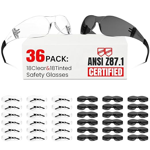 ANSI Z87.1 Safety Glasses Men Women 36 pack(18pack clear safety glasses+18pack safety sunglasses) Scratch & Impact Resistant eye protection glasses for Construction, Outdoor Sports & Work