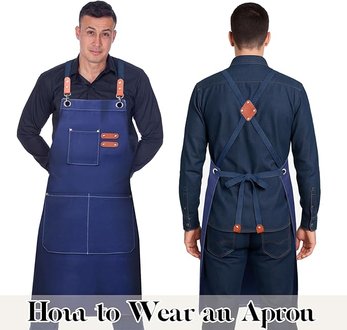 Chef Apron for Men Women with Pockets,Cross Back Cotton Canvas Plus Size Apron for Cooking BBQ Baking Gardening
