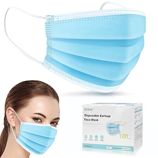 Disposable Face Mask Adult Blue Breathable Mask with Nose Clip Ear Loop 100 Pack