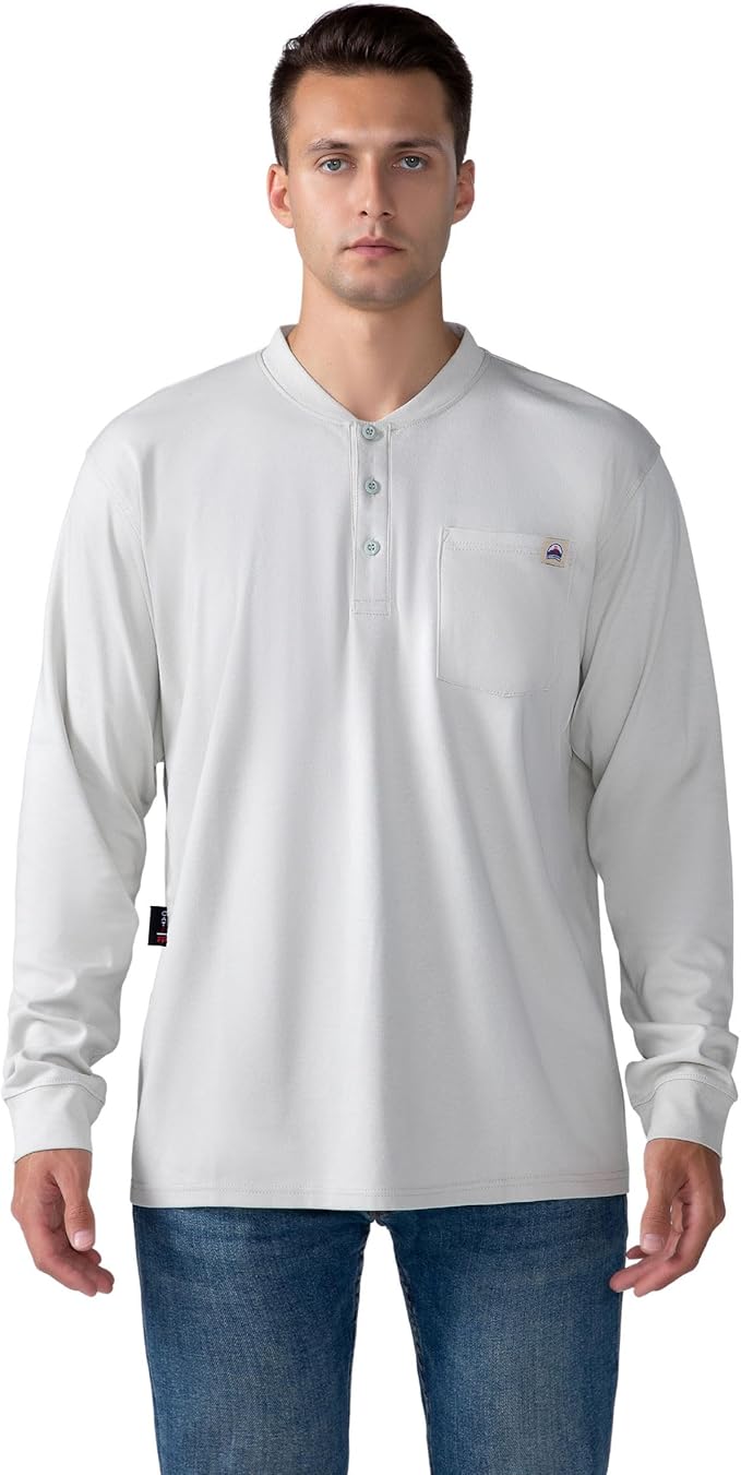 FR Henley Shirts for Men Flame Resistant Lightweight Welding 6.5oz 100% Cotton CAT2 Long Sleeve Fire Retardant FRC Clothing