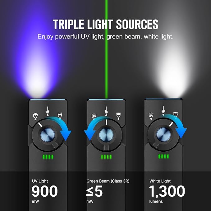 OLIGHT Arkfeld Pro Rechargeable EDC Flat Flashlight with Green Beam, UV and White LED Combo, 1300 Lumens Portable Pocket Lights, Triple Sources for Outdoors Emergency Working (Black CW)