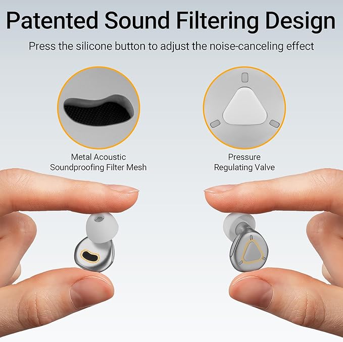 Ear Plugs for Sleeping, Reusable Hearing Protection for Sleep,Work,Focus,Travel, Adjustable Passive Earplugs for Concerts & Festivals, Bright Silver