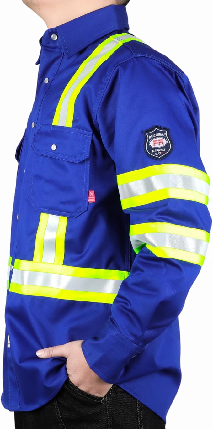 BOCOMAL FR Shirts High Visibility/Hi Vis Flame Resistant/Fire Retardant Shirt 7.5oz Men's Reflective Shirts