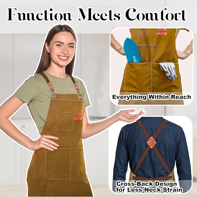 Chef Apron for Men Women with Pockets,Cross Back Cotton Canvas Plus Size Apron for Cooking BBQ Baking Gardening