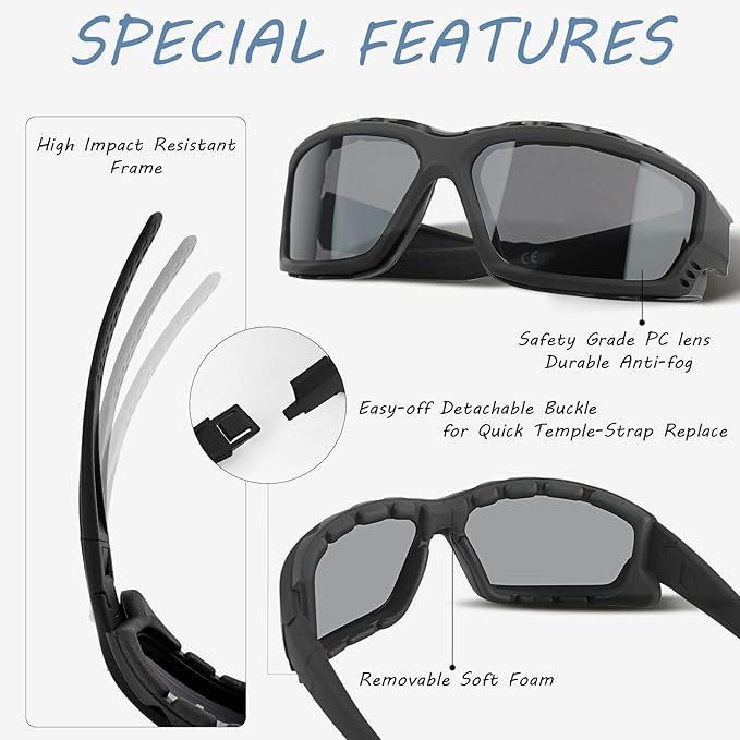 Anti-Fog Safety Motorcycle Riding Sunglasses Foam padded Goggle, Dustproof, Windproof, Hunting, Hiking, Golfing