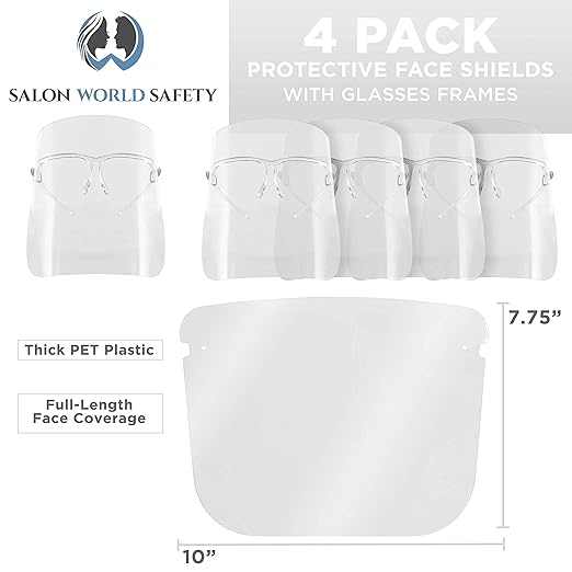 TCP Global Salon World Safety Face Shields with All Clear Glasses Frames (Pack of 4) - Ultra Clear Protective Full Face Shields to Protect Eyes, Nose, Mouth - Anti-Fog PET Plastic, Goggles