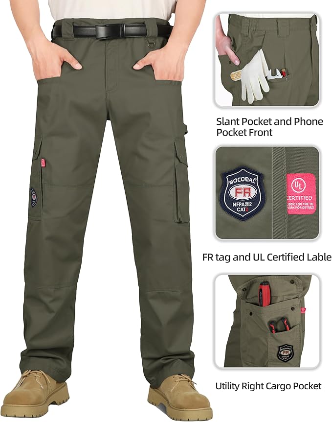 BOCOMAL FR Pants for Men Cargo Flame Resistant Pants(2112&CAT2) 100% C 7.5oz Utility Fire Resistant Pants