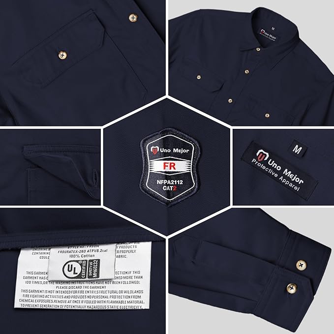 Welding Shirt 7.5oz FR Shirts for Men, 100% C Flame Resistant Welding Jacket with Reinforced Sewing, Durable Men's Fire Retardant FR Clothing for Men, Meets NFPA2112, Navy-ZRND 4XL