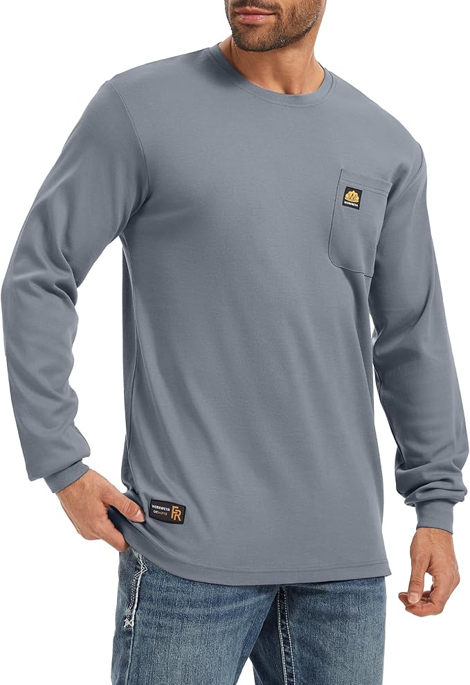 WORKWEYA Men's FR Shirts 6.5oz Lightweight Long Sleeve Flame Resistant T-Shirt NFPA 2112/CAT2