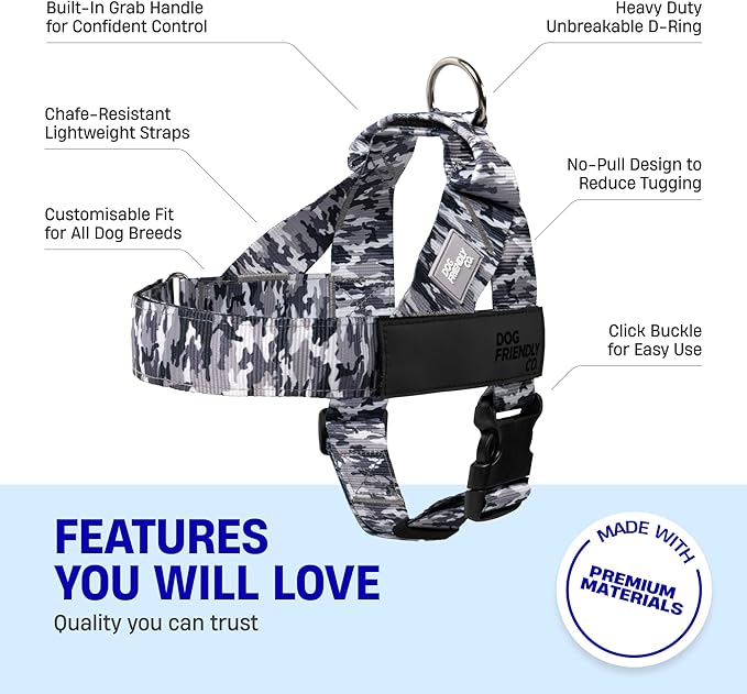 DF Co. Dog Harness | Chafe Resistant Webbing, Adjustable Neck & Chest, and Heavy Duty D-Ring | Sturdy, Comfortable, Easy to Use | Grey Camo, Size XS