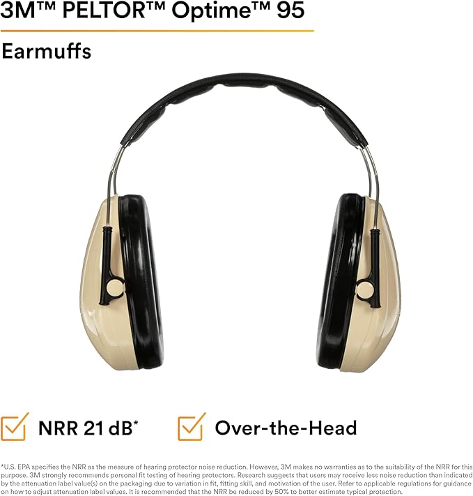 3M PELTOR Hearing Protection Optime 95 Earmuffs, Adjustable Earcups, E-A-Rfit Compatible, Stainless Steel