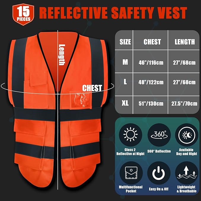 15 Pack Reflective Safety Vests with Pockets and Zipper Construction Work High Visibility Vest for Men Women(Medium,Orange Red)