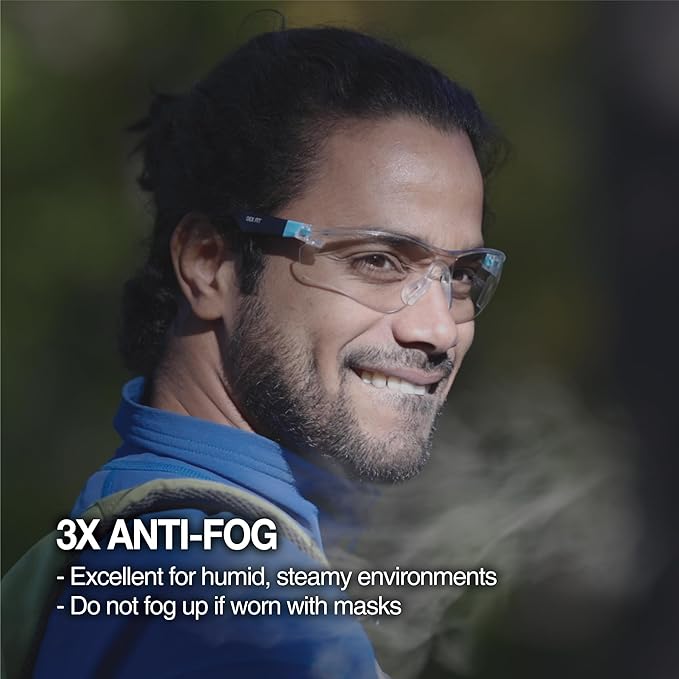 DEX FIT Safety Glasses SG210, Z87 Eye Protection, 3X Anti-Fog & Scratch Resistant, Adjustable for Women and Men, UV Protection (Black & Red Frame, Clear Lens)