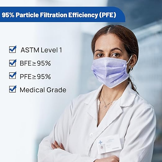 JMU 500pcs 3 Ply Purple Disposable Face Mask, Medical Grade, Comfortable & Breathable Suitable for Protection