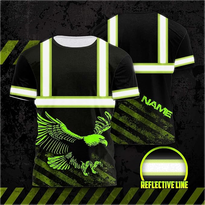 Matedecor Skull High Visibility Shirt Men Reflective Safety Shirts US Flag Custom Name Workwear, Runners, Walkers, Patriotic