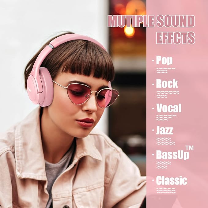 BERIBES Bluetooth Headphones Over Ear, 65H Playtime and 6 EQ Music Modes Wireless with Microphone, HiFi Stereo Foldable Lightweight Headset (Pink)