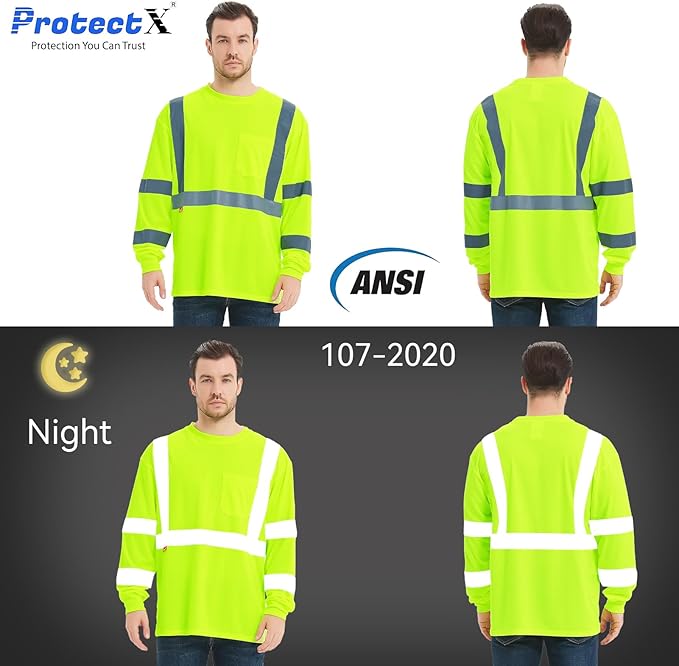 ProtectX Men's High Visibility Heavy Duty Long Sleeve Reflective Safety T-Shirts for Construction, Class 2-3 Type R