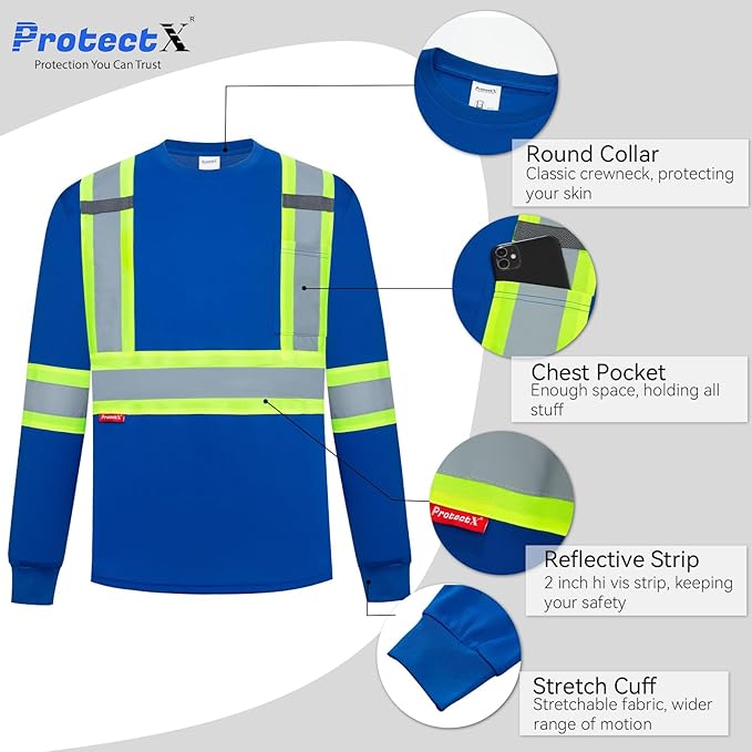 ProtectX Men's High Visibility Heavy Duty Long Sleeve Reflective Safety T-Shirts for Construction, Class 2-3 Type R