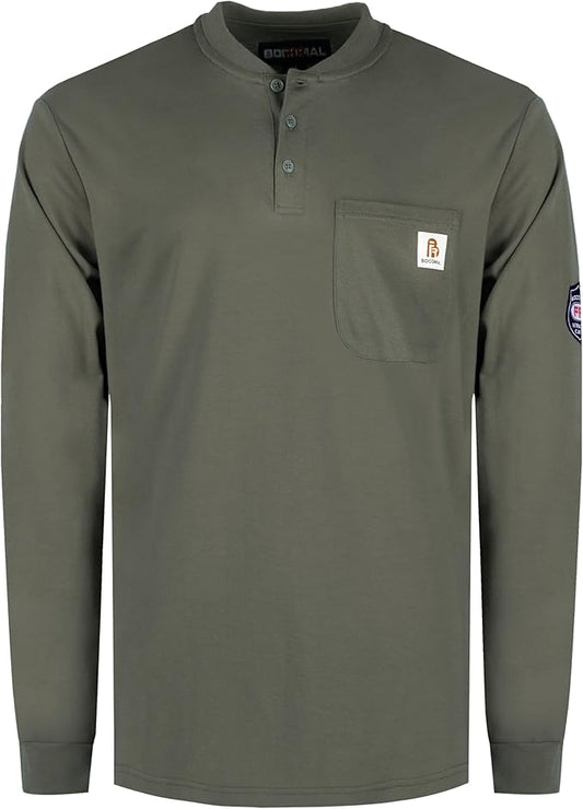 BOCOMAL FR Shirts Henley 7oz Midweight Fire Resistant Clothing NFPA2112 CAT2 Men's Flame Retardant Work Shirt