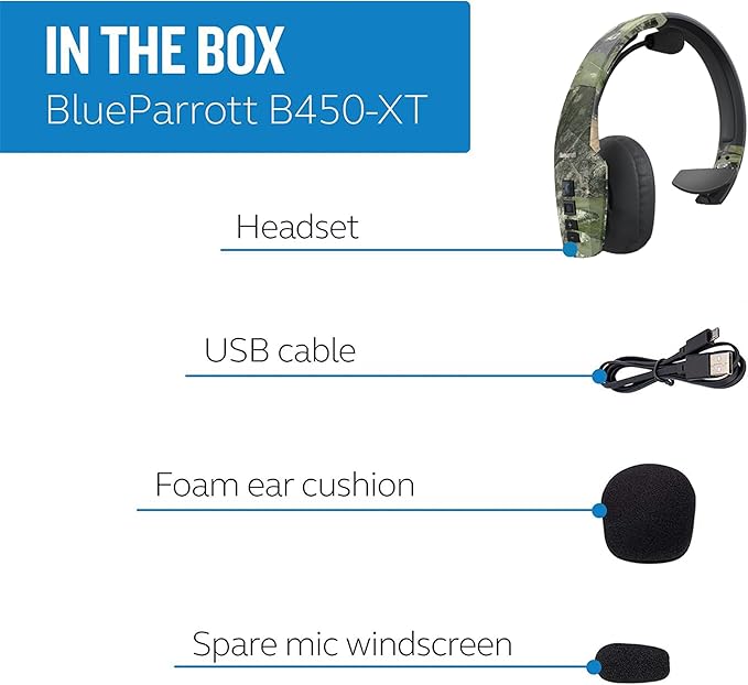 BlueParrott B450-XT Mono Bluetooth Wireless Headphones 96% Noise Canceling Mossy Oak Obsession Edition Trucker Headset with Mic, Comfort Padded Headband, 300 ft. Wireless Range, 24 hrs Talk Time, Camo