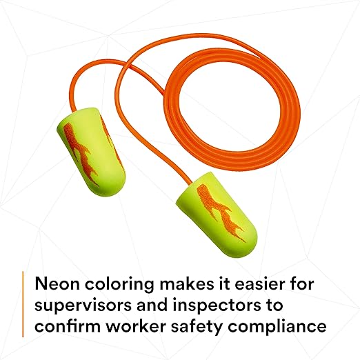 3M Ear Plugs, Pack of 200, E-A-Rsoft Yellow Neon Blasts 311-1252, Corded, Disposable, Foam, NRR 33, Drilling, Grinding, Machining, Sawing, Sanding, Welding, 1/Poly Bag