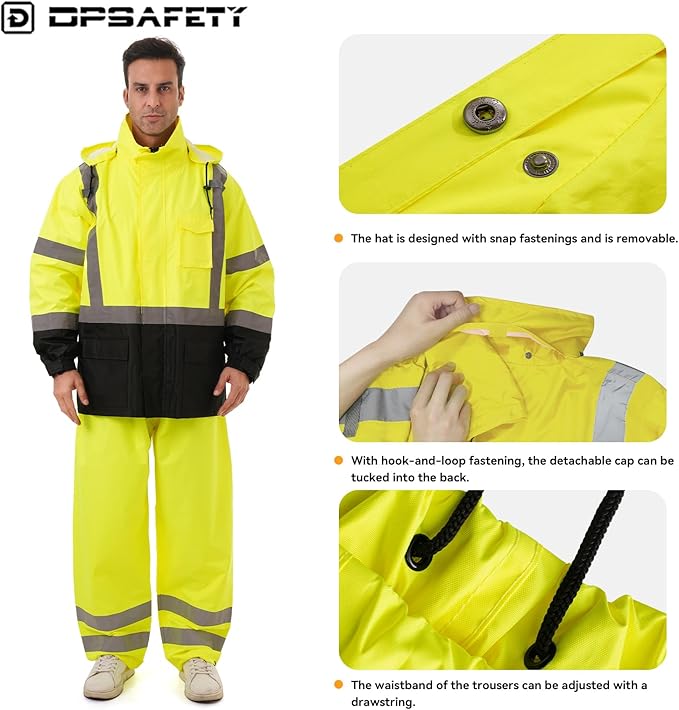 Hi Vis Safety rain Jacket，Reflective Class 3 Rain coat with Inner Mesh Lining and Pockets High Visibility Waterproof work Rain Suits for men&women（Lime,2XL/3XL）
