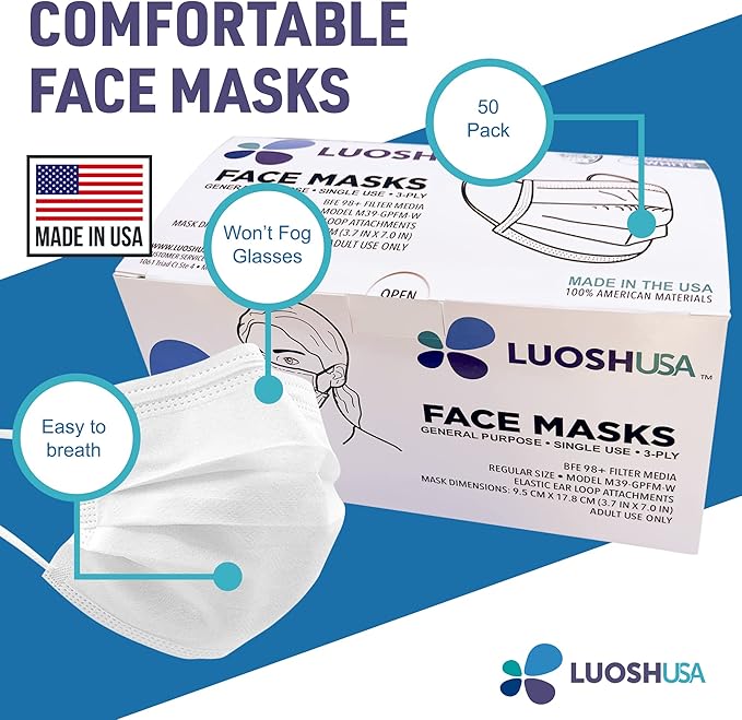 Face Masks Disposable Made in USA, 3 Ply Disposable Masks 50pcs,Adult Mask, Kids Mask, Black Masks, White Masks