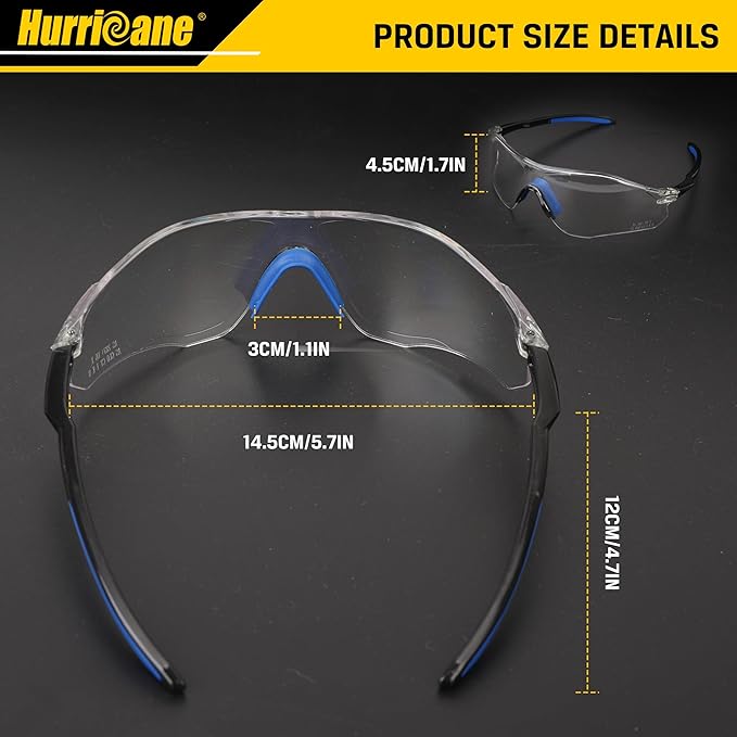 HURRICANE UV400 Safety Glasses, Clear Lens, Lightweight PC Glasses with Anti-Fog Feature