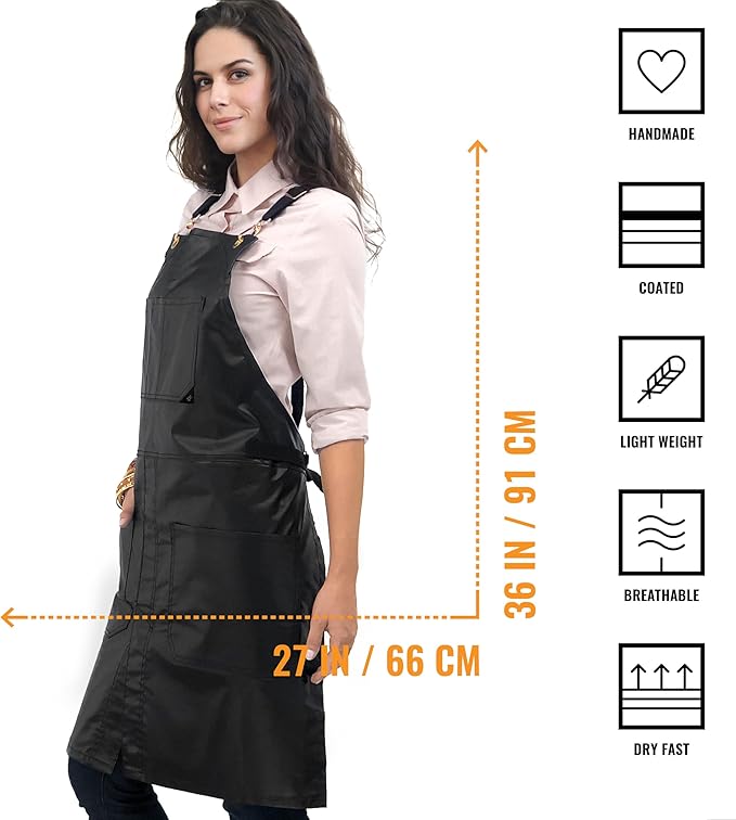 Under NY Sky Cross-Back Black Apron – Golden Hardware, Coated Twill, Leather Reinforcement, Split-Leg – Adjustable for Men, Women, Pro Barber, Tattoo, Hair Stylist, Barista, Bartender, Server Aprons