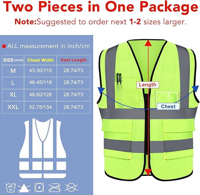 XPCARE 2-Pack Reflective Safety Vest For Women Men, Green High Visibility Security Vest- Pockets and Zipper Front - Neon Green Color(Large)