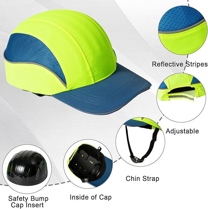 TIHEEN Unisex Safety Bump Cap, Baseball Hat Style with Reflective Stripes Lightweight and Breathable Hard Hat Head Protection Cap