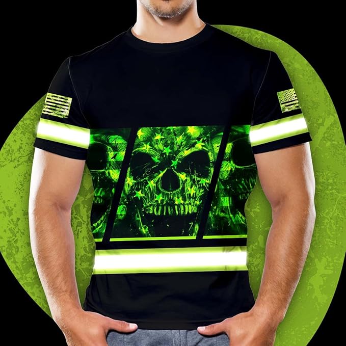 Matedecor Skull High Visibility Shirt Men Reflective Safety Shirts US Flag Custom Name Workwear, Runners, Walkers, Patriotic