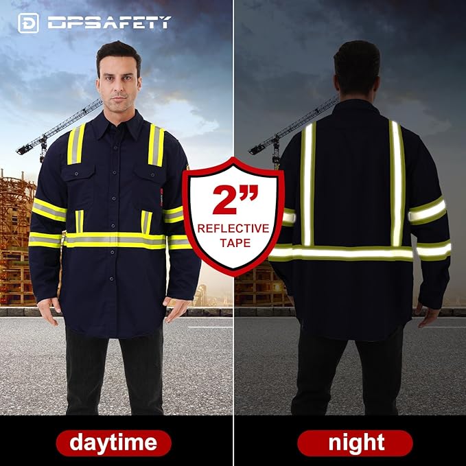 FR Shirts for Men 7oz High Visibility Fire Resistant Shirts NFPA CAT2 Welding Shirt 100% Cotton Hi Vis Flame Resistant Shirt Navy(Medium)