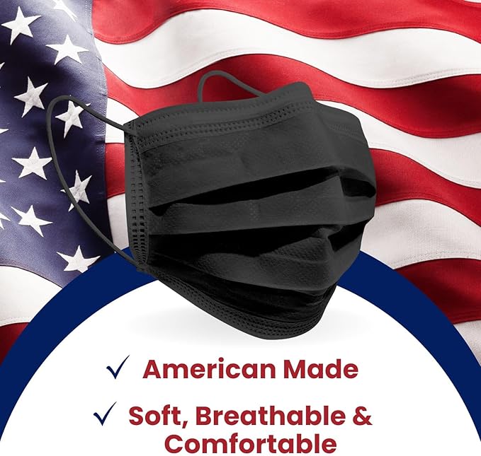MAGICARE Masks Made in USA - Black Face Masks, Disposable - Adult 3 Ply Black Mask - Soft, Breathable (50/Box)