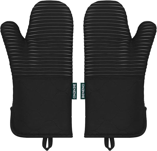 Beneno Kitchen Oven Mitts 2-Pack Heat Resistant to 500°F with Non-Slip Silicone Grip, Extra Long 14.3" Forearm Protection, Soft Quilted Cotton Terry Lining, Ideal for Cooking, Baking, Grilling, Black