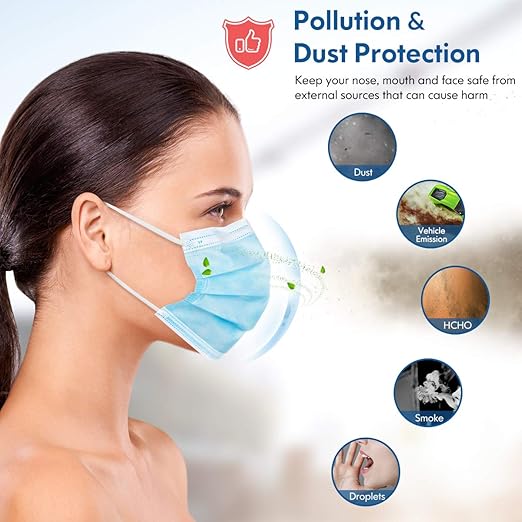 Disposable Face Mask Adult Blue Breathable Mask with Nose Clip Ear Loop 100 Pack