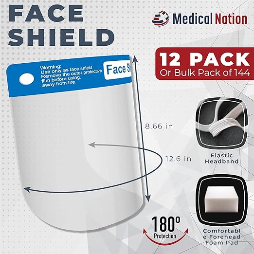Face Shield | Case of 48 | Clear Plastic Face Shields for Women, Men & Kids, Anti-Fog, Lightweight Reusable Face Shield Mask, Safety Visor Cover with Comfortable Sponge & Elastic Band
