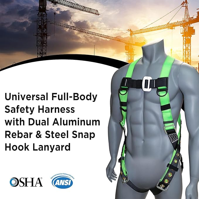 AFP Universal Full-Body Safety Harness w/Dorsal D-Ring Tongue Buckle Legs High-Viz Green, Shock Absorbing Lanyard (OSHA/ANSI)