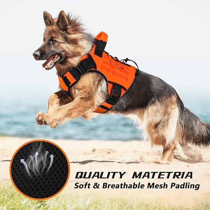 WINGOIN Orange Tactical Dog Harness for Large Dogs, Heavy Duty No Pull Dog Harness with Handle, Adjustable Reflective Military K9 Big Pet Vest for Husky, Doberman, Walking, Training, Hunting (XL)