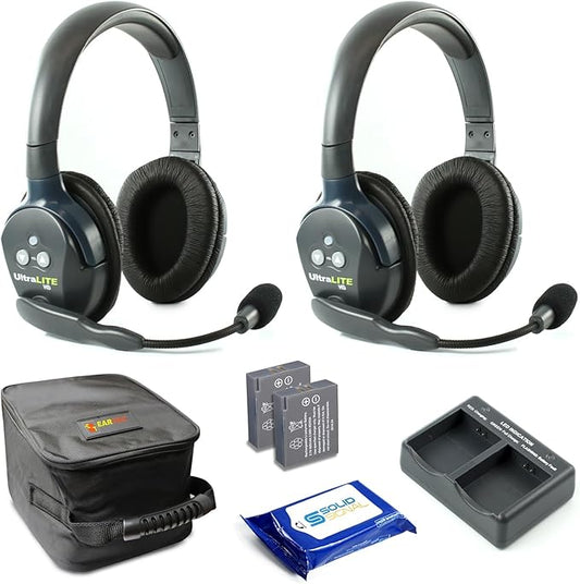 Eartec UL2D Ultralite Full Duplex Wireless Headset Communication for 2 Users - 2 Dual Ear Headsets with SolidSignal Cleaning Wipes Bundle