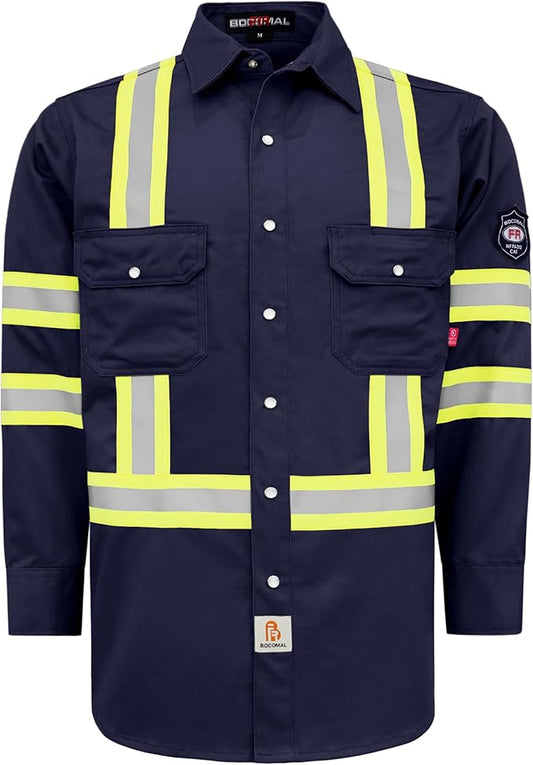 BOCOMAL FR Shirts High Visibility/Hi Vis Flame Resistant/Fire Retardant Shirt 7.5oz Men's Reflective Shirts