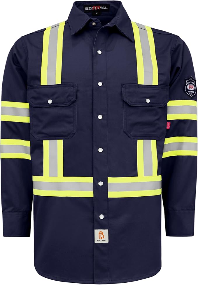 BOCOMAL FR Shirts High Visibility/Hi Vis Flame Resistant/Fire Retardant Shirt 7.5oz Men's Reflective Shirts