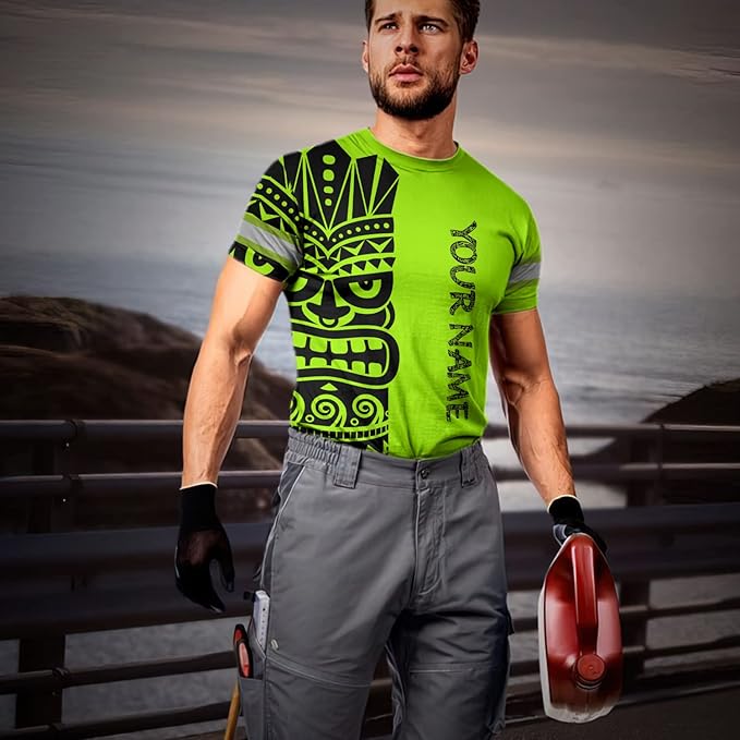 Matedecor Skull High Visibility Shirt Men Reflective Safety Shirts US Flag Custom Name Workwear, Runners, Walkers, Patriotic
