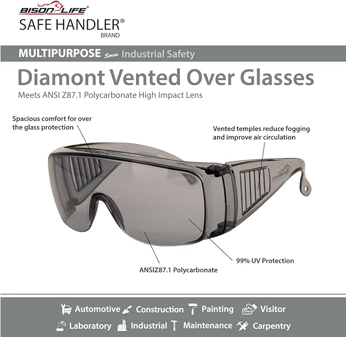 BISON LIFE Diamont Vented Over Glasses Safety Glasses | Meets ANSI Z87.1, Impact Resistant Polycarbonate Lens