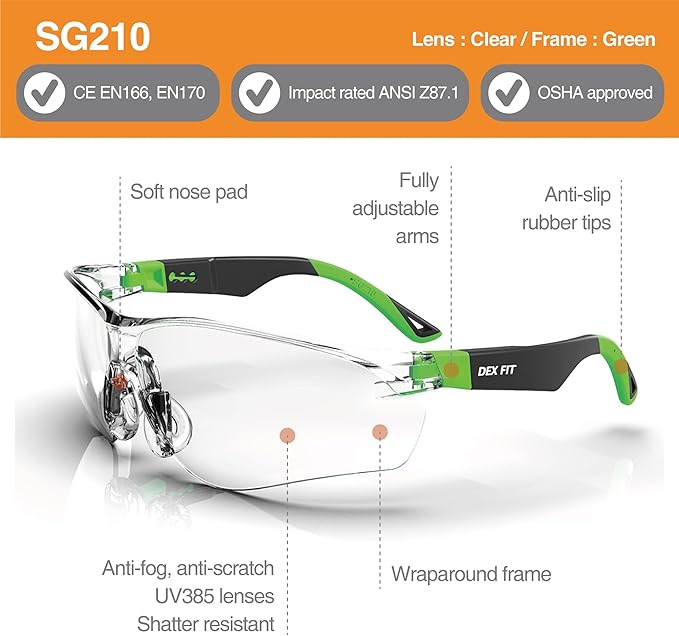 DEX FIT Safety Glasses SG210, Z87 Eye Protection, Anti-Fog & Scratch Resistant, Adjustable for Women and Men, UV Protection (Black & Green Frame, Clear Lens)