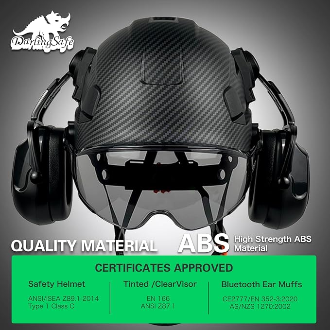 DS-A8S Matte Black Hard Hats with Visor Ear Muffs Safety Helmet Outdoor Work Head Protection ANSI Z89.1 OSHA Approved Industrial Forestry